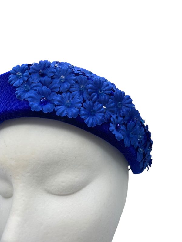  Blue velvet headpiece band with beautiful embellished mini flower detail.